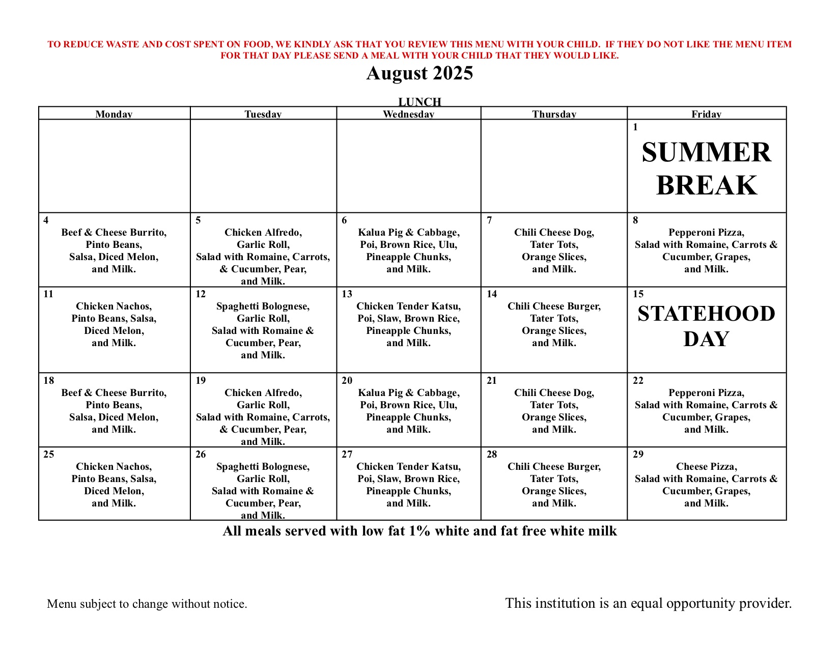 25 August Lunch Menu