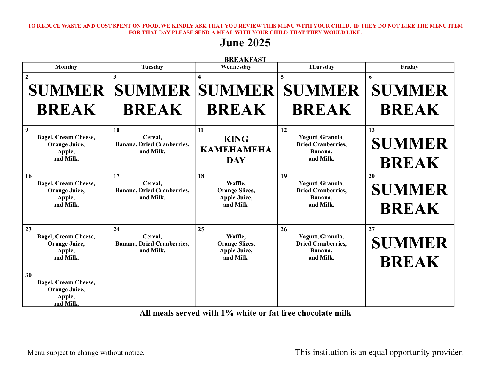 25 June Breakfast Menu