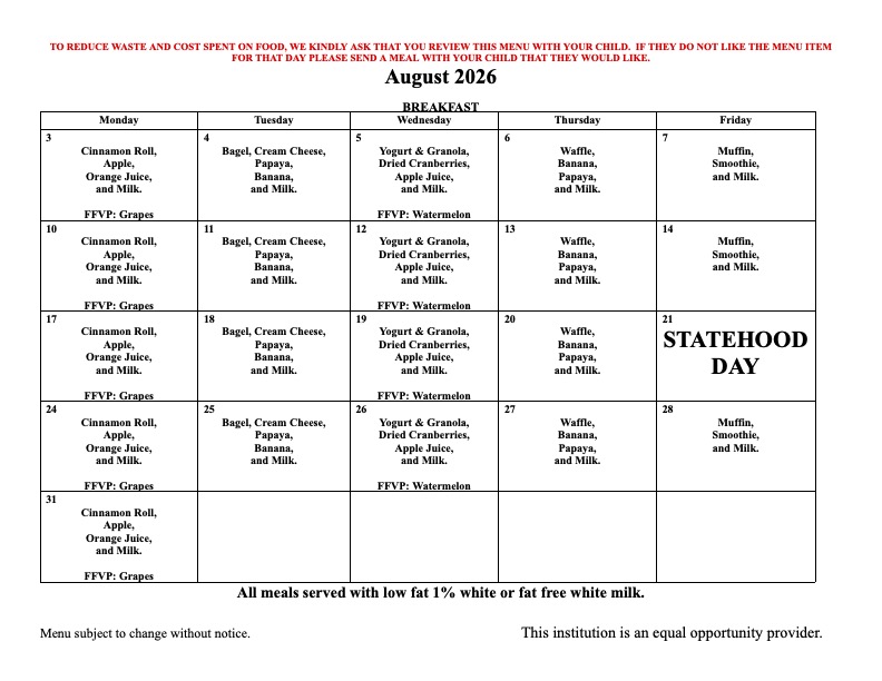 August 2026 Breakfast Menu