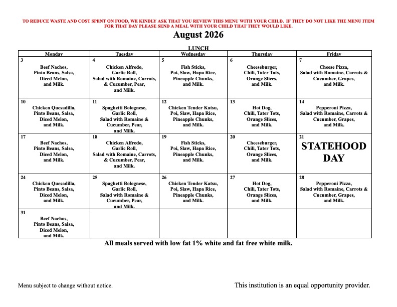 August 26 Lunch Menu