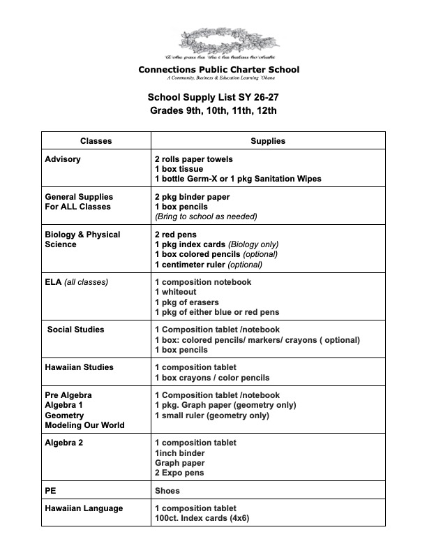 26-27 High School Supply List